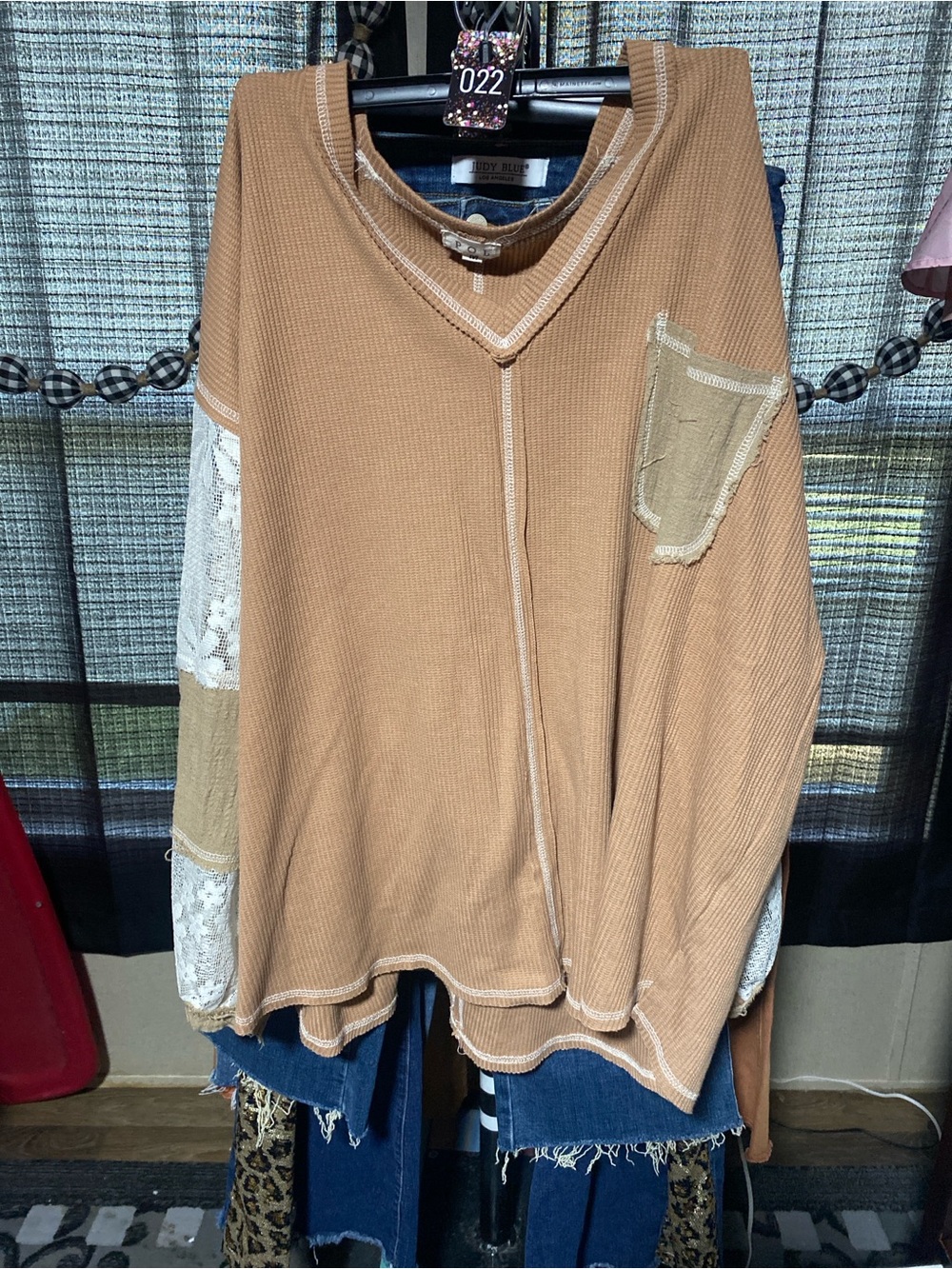 POL Women's Tan Patchwork V-Neck Waffle Knit Hoodie